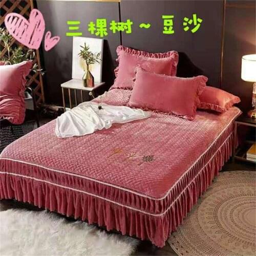 Thickened warm baby velvet Embroidery Bedspread Fitted Sheet Pillowcases 2/3pcs Solid pleated lace Princess Bedding