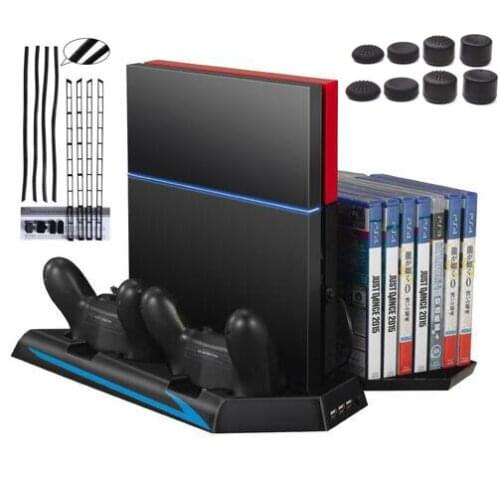 Vertical Stand for PS4 Console-Cooling Fan Controller Charging Station Cooler Game CD Storage Dualshock Charger+Dustproof Kit