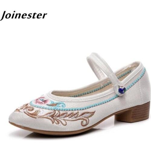 Ethnic Pointed Toe Embroider Shoes for Women Ankle Strap Dress Pumps Female Retro Dance Shoe Autumn Mary Jane sapatos femininos