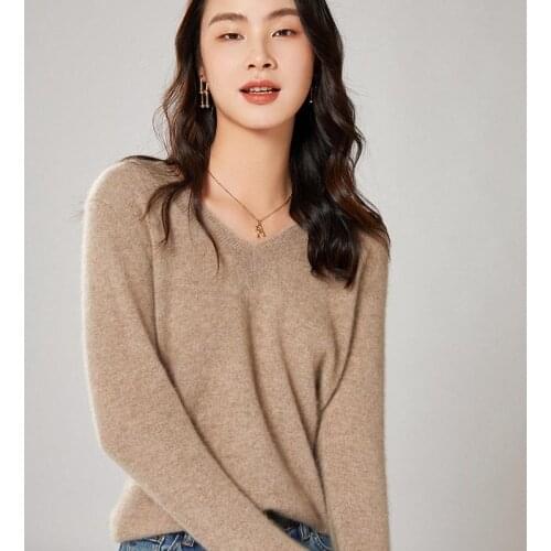 2021 woman winter 100% Cashmere sweaters knitted Pullovers jumper Warm Female V-neck blouse blue long sleeve clothing