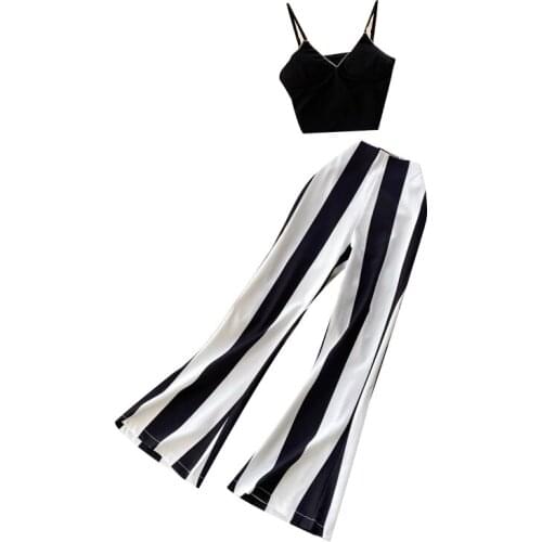 2021 New Summer Women Sets Korean Sexy V-neck Strap Vest Crop Top And High Waist Wide Leg Long Pant Two Piece Set