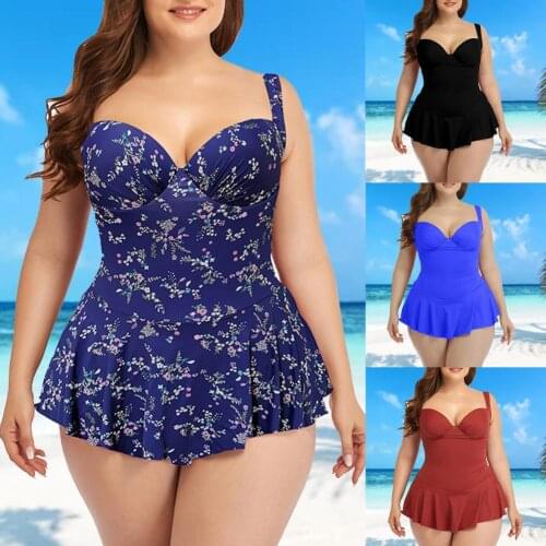 2021 Swimwear Women Solid Color Push Up Ruffle Hem Backless One-piece Swimsuit Swimwear for Swimming Plus Size Bathing Suit 4XL