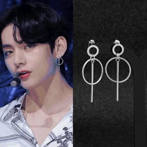 1 pair Kpop Bangtan boys Stud Earrings Circle Stick Earrings men unisex Stainless Steel jewelry Punk Tae Hyung same V style