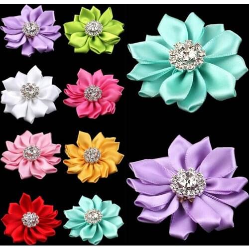 120pcs/lot 2" 25colors Hair Clips Satin Ribbon Hair Flower+Rhinestones For Girl Hair Accessories Fabric Flowers For Headband DIY