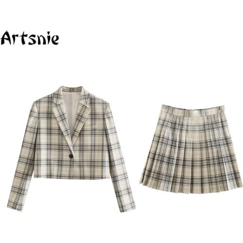 Artsnie Spring 2021 Vintage Plaid Two Piece Set Women Casual Blazer Suits And Pleated Skirts Tracksuits Ladies Two Piece Sets