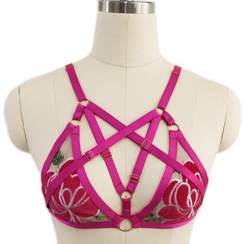 Bandage Body Harness Embroidery Flower Harness Bra Red Women Sexy Lingerie Wirefree Bralette Cross adjustable Crop Top