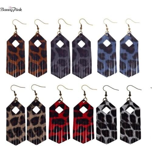 Banny Pink 2020 New Hand-made Leather Leopard Print Drop Earrings For Women Bohemia Statement Geometric Fashion Jewelry