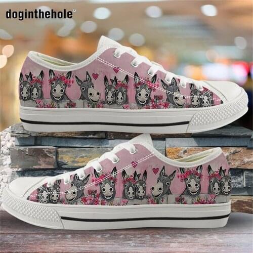 Doginthehole Woman Low Top Canvas Shoes Donkey Family 3D Cute Pattern Ladies Shoes Lace Up Sneakers