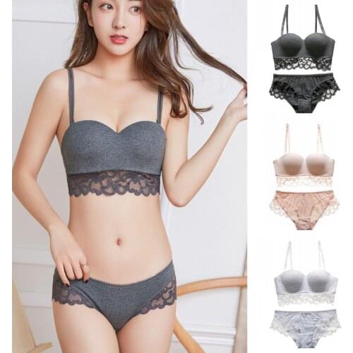 EFINNY Lace Seamless Wire Free Cotton Bra Set Thicken Gathered Bra + Underwear Set Detachable Brief Set
