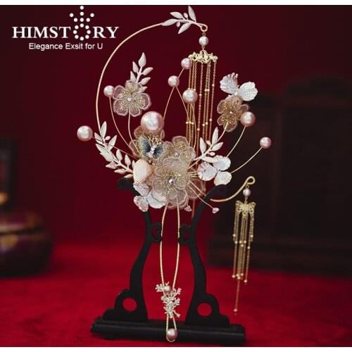 HIMSTORY Newest Designer Chinese Bridal Fan Bouquet Gold Tassels Handmade Metal Round Fan Artificial Flowers Wedding Accessories