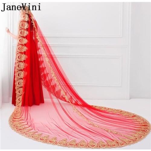 JaneVini Red Graceful Bridal Veils 3.5 Meters Long Arabic One -Layer Gold Lace Applique Bridal Veil No Comb Wedding Accessories