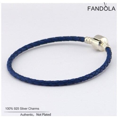 Single Double Dark Blue Braided Leather Bracelets for Women 925 Sterling Silver Clasp Charm Bracelet DIY Jewelry pulseras mujer
