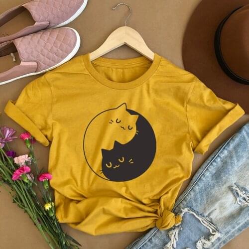 ONSEME Cute Yin Yang Cat Graphic T Shirts Women Hipster Streetwear Animal Print T Shirts Vegan Tshirt Tees Basic Cotton Tops