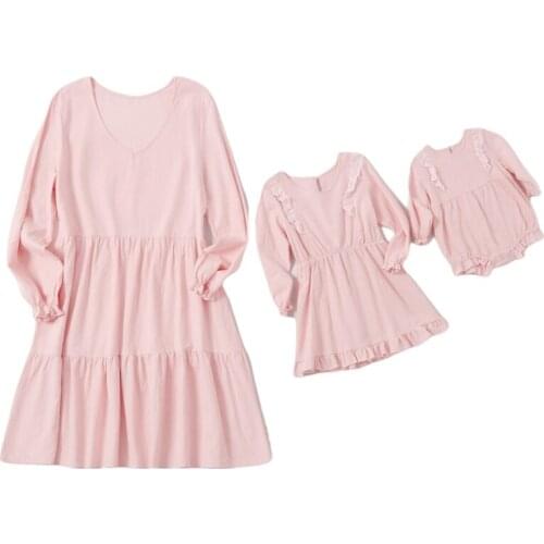 Autumn Mommy And Me Solid Long Sleeve Dresses Instagramable Family Matching Outfits Casual Outfit With Pocket