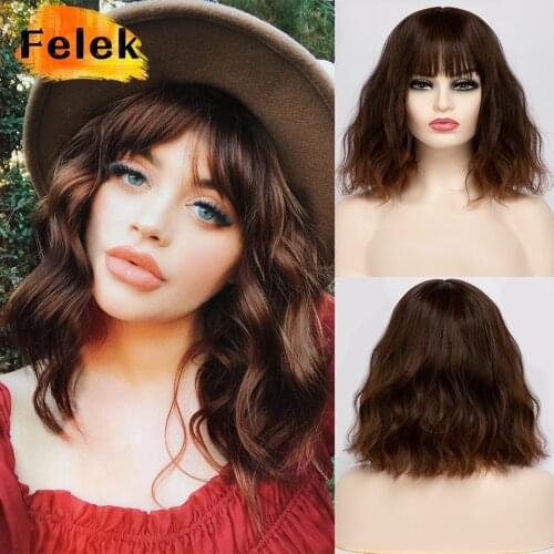 Short Hair Wigs Ombre Wavy Natural Cosplay Light Ash Pink Brown Blonde Green Lolita Synthetic Wig For Women High Density Felek