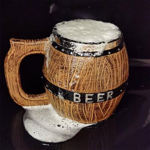 Beer Barrel Mug with Side Handle Double Embossed Wine Glass Simulation Wooden Metal