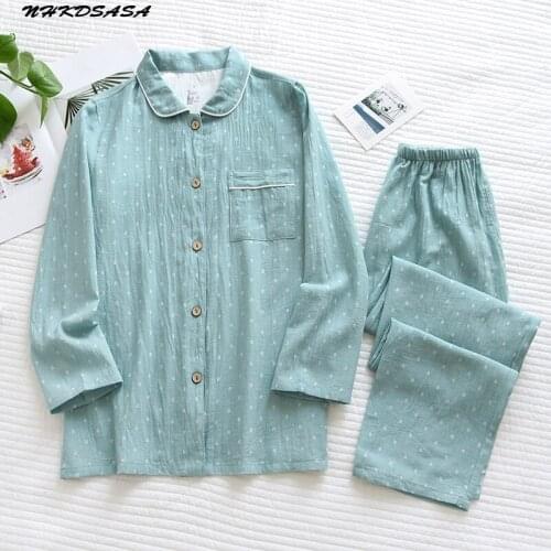 Pajamas Womens 100% Cotton Double-Layer Gauze Tops Mujer Men Thin Long Sleeve Trousers Turn-down Collar 2 Piece Home Clothes