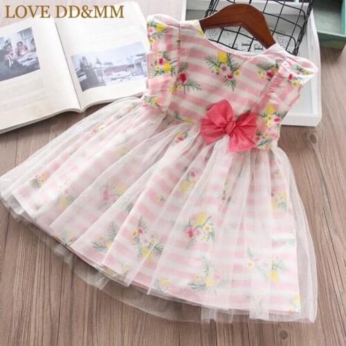 LOVE DD&MM Girls Dresses 2021 Summer New Childrens Wear Girls Sweet Striped Flower Print Mesh Ruffled Bow Vest Dress
