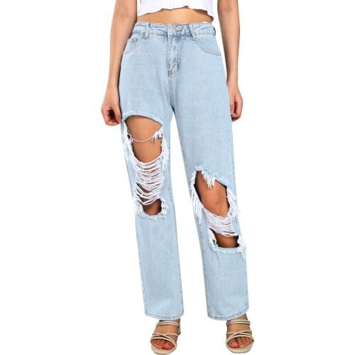 Straight Ripped Jeans Women Hollow Out Long Trousers High Waist Straight Leg Pants with Pockets Ladies Long Denim Trousers