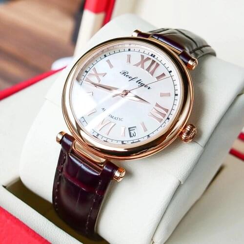 Reef Tiger / RT 2021 Top Brand Luxury Gold Mechanical Watch Automatic Day Date Watch Waterproof Genuine Leather Strap Watch