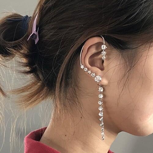 Jouval Fashion Crystal Long Chain Ear Cuff Pearl Tassel Clip On Earrings For Women Boho No Piercing Female Jewelry Brinco Bijoux