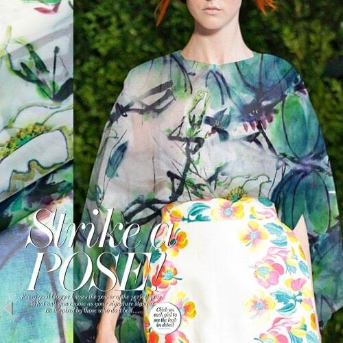 PRINT SILK ORGANZA SATIN FABRIC 135cm width 14momme 100% Pure Silk Fabric Chinese Oil Painting Pattern Green Color