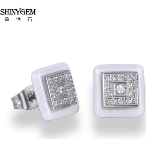 ShinyGem Black White Ceramic Stud Earrings Round/Square Stainless Steel Earrings AAA White Zircon Korean Earrings For Women 2020