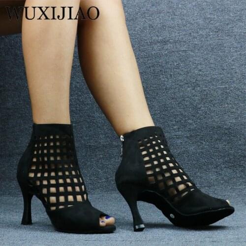 WUXIJIAO Laser Mesh Tricolor Latin Dance Shoes Ladies Salas Ballroom Dance Shoes Waltz High Heels