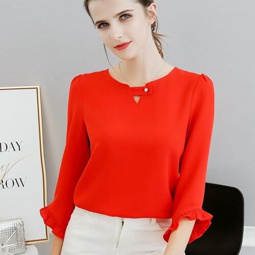 Spring Summer Thin Chiffon Shirt Women Seven Quarter Sleeve Pure Color Blouse Female New Fashion Korean Leisure Top Shirts H9075