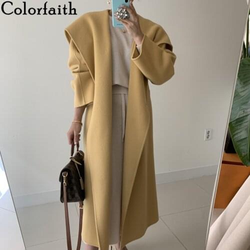 Colorfaith New 2021 Winter Womens Windbreakers Cardigans Elegant Oversized Split Lace Up Coat Basic Long Trench Jackets JK55934