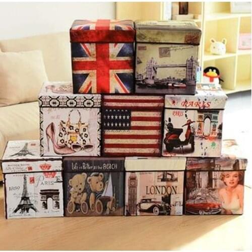 Vintage Multifunction Storage Stool Creative British Film Non-woven Folding Clothing Organizer Storage Box Seat Home Decoration