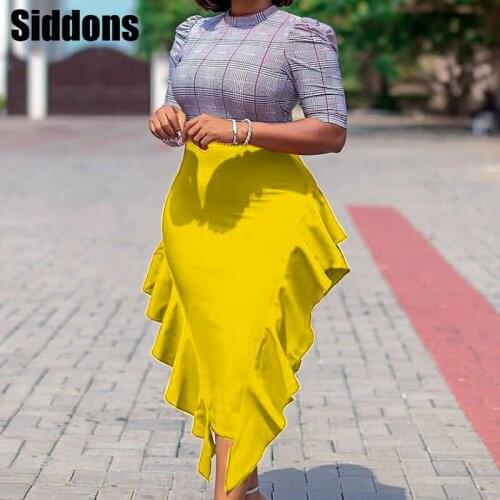 Elegant Women Package Hip Slim Ruffles Dress High Waist Plaid Patchwork Date Out Dress