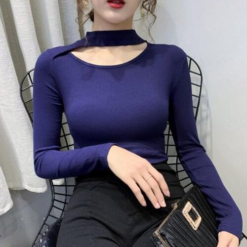 Tee Shirt Femme Elasticity Long Sleeve T Shirt Women Slim T-Shirt Cotton 2021 Autumn Tops Hole O-Neck Korean Style Clothes Woman