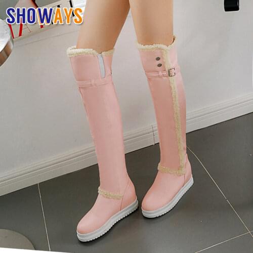 2020 Shoes Women Warm Fur Plush Thigh-high Snow Boots White Pink Lady Buckle Height Increased Platform Long Over Knee Flat Boots