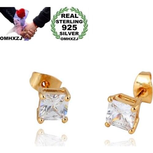 OMHXZJ Wholesale European Fashion Woman Girl Party Wedding Gift Square Zircon 925 Sterling Silver 18KT Stud Earrings EA130