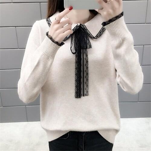 Korean Lace Splicing Collar Knitted Sweater Women Slim Jumper Ladies Fashion 6 Color Long Sleeve Knitting Pullover Tops Female