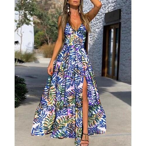 Women spaghetti strap deep v-neck high waist slit long dress 2021 Summer leaf printed maxi dresses for women Casual vestidos