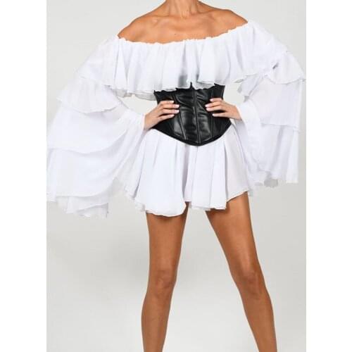 High Quality 2021 New Autumn White Long Butterfly Sleeve Off Shoulder Women Dress Elegant with Black Corset Mini Party Dresses