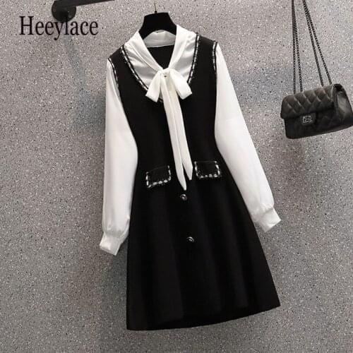 Plus Size Autumn Fake Two Piece Sweater Dresses Fashion Women Bow Collar Knitted Patchwork Chiffon Tassel Dress Vestidos 4xl