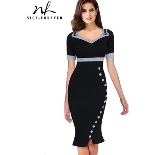 Nice-forever Bowknot Female Work Vintage Dress Women Cotton Tunic Black Short Sleeve Formal Mermaid Buttons Wiggle dress b220