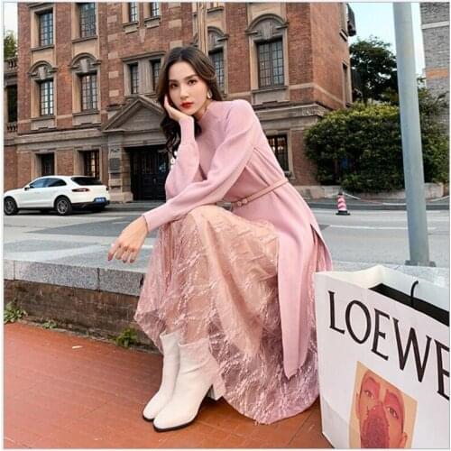 2020 Casual Winter Dress Knitted Thick Sweater Dress Warm Women Lace spring Dress Female Autumn Vestidos 2 piece suit Z323