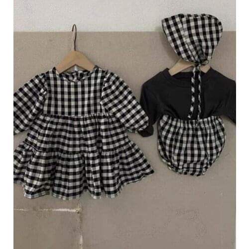 2021 Kids Girls Princess Dress Black White Plaid Long Sleeve Casual Cute Dress for Children Girls Spring Fall Clothes Casual