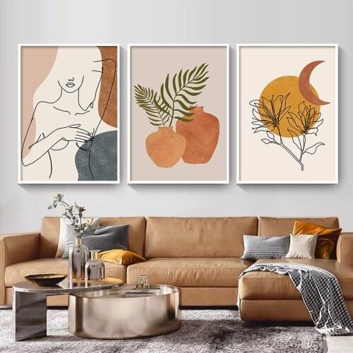 Abstract Wall Art Canvas Painting Woman Body Line Posters and Prints Boho Plant Vintage Wall Pictures for Living Room Decor