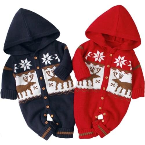Baby Rompers Christmas Deer Print Newborn Boys Girls Jumpsuits Costumes Cartoon Knitted Childrens Overalls Infant Kids Outfits