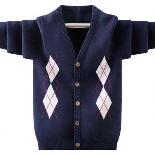 Kids boys spring / autumn V-neck knit sweater embroidered geometric new big virgin thicker backing shirt hedging