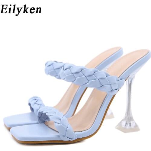 Eilyken New Design Weave PU Leather Summer Women Slipper Square Toe Sandals Fashion Transparent Crystal Spike Heels Slider Shoes