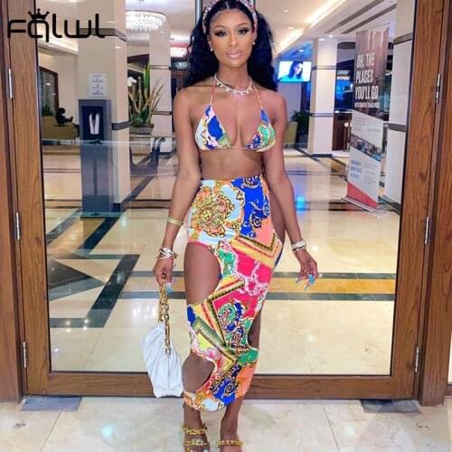 FQLWL Summer Sleeveless Backless Crop Top And Skirts Suit Matching Sets Sexy Party Print Hollow Out 2 Piece Sets Womens Outfits