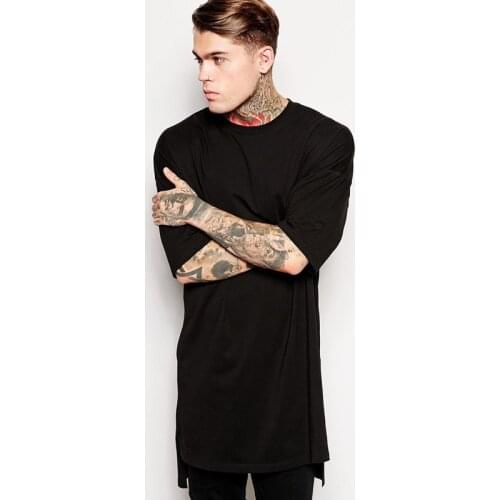 Teen hip hop long cotton T-shirt loose dance mens hooded round neck side slits