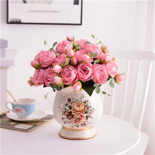 5 Big Heads/Bouquet Peonies Artificial Flowers Silk Peonies Bouquet 4 Bud Flowers Wedding Home Decoration Fake Peony Rose Flower