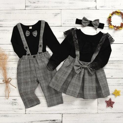 Children Suit 12Months - 5Years Bow Knot Check Suspender Skirt Lace Lace Top Suit Spring and Summer Party Boutique Kids Clothing